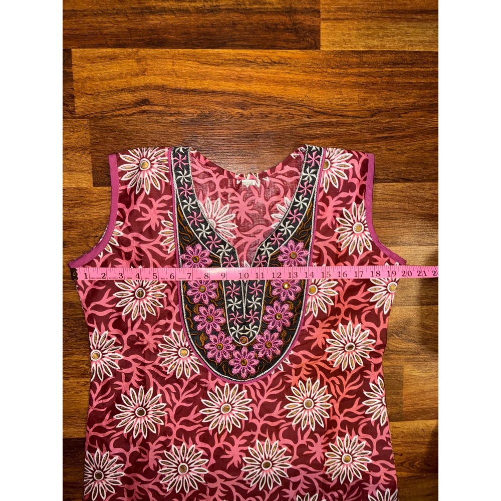 Pink Floral Embroidered Cotton Tunic Sleeveless V-Neck Mirror Work Top Boho